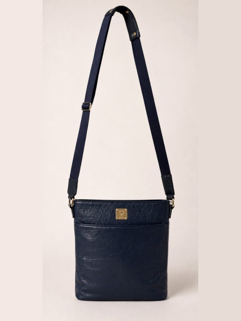 MCM München Navy Croc Embossed Leather iPad Messenger Crossbody Bag